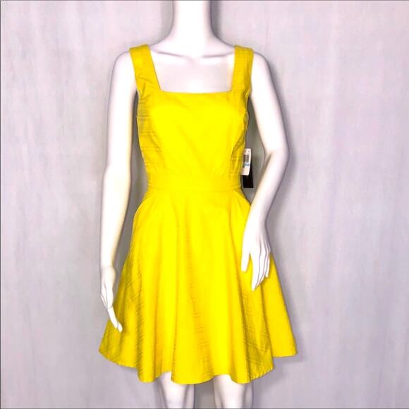 City Studio Yellow Fit & Flare Square Neck Dress Pockets & Crossover V Back Sz 5 - Picture 1 of 8